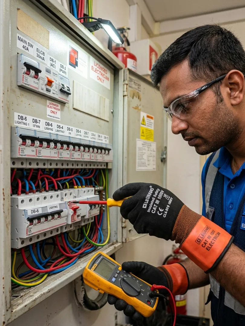 Licensed electrician inspecting electrical fault Singapore